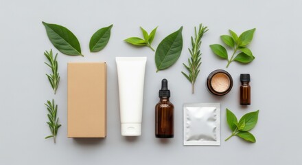 Flat lay of natural skincare products and fresh green leaves arranged on a neutral gray background, representing organic beauty and wellness