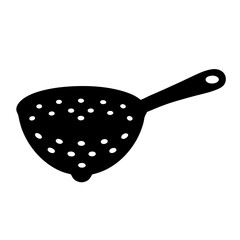 Monochrome illustration of a kitchen colander or strainer with handle and holes