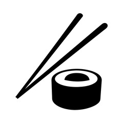 Simple sushi roll icon with chopsticks in a minimalist black silhouette