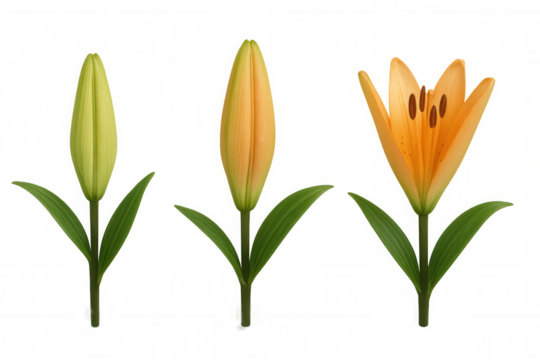 Orange lily flower illustrating the growth process from a closed bud to a fully open blossom. Isolated on transparent background