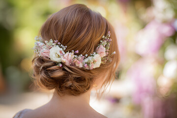 Bridesmaid updo with floral hair vine