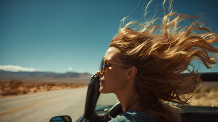 Convertible cruising scene with windblown hair