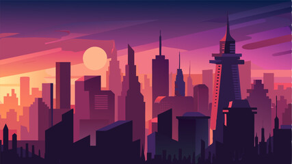 Amidst the ling lights and shadows the citys skyline at dusk evokes a sense of tranquility and awe.