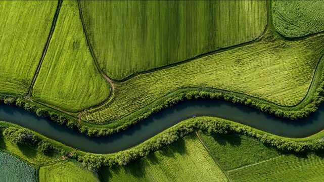 Stunning aerial view of a river winding through lush green fields.