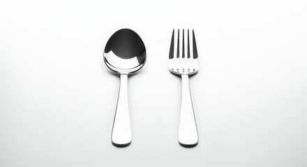 Gleaming silver dining fork and spoon neatly arranged side-by-side on a pristine white background for culinary presentation