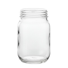 Empty, pristine glass mason jar with screw threads, centered on a transparent studio background, ample copy space, soft shadowless lighting, concept of utility and simplicity