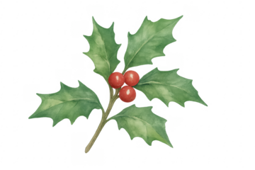 Holly branch with red berries watercolor painting transparent