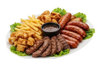 White ceramic platter with golden french fries, crispy pork rinds, grilled steak, smoked sausages, fried meats, dark sauce, fresh lettuce on a transparent background. Concept of generous pub-style