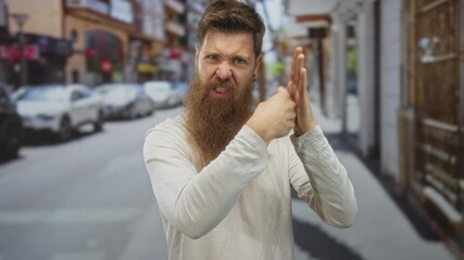 Man punching with clenched fists in a narrow urban street flanked by buildings and parked cars; anger aggression conflict frustration.