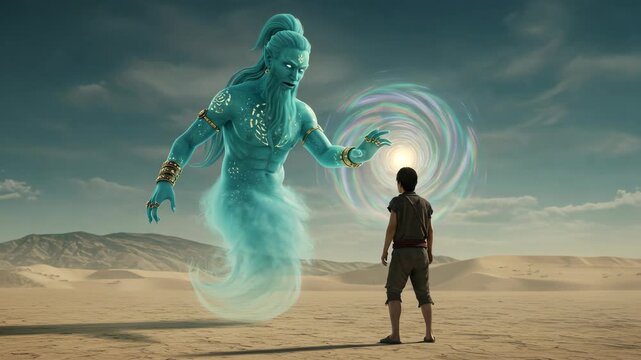 Young Man Facing Giant Blue Genie Emerging From Swirling Portal Under Blue Sky with Sandy Desert in Background with Hazy Hills Under Bright Backlit Light