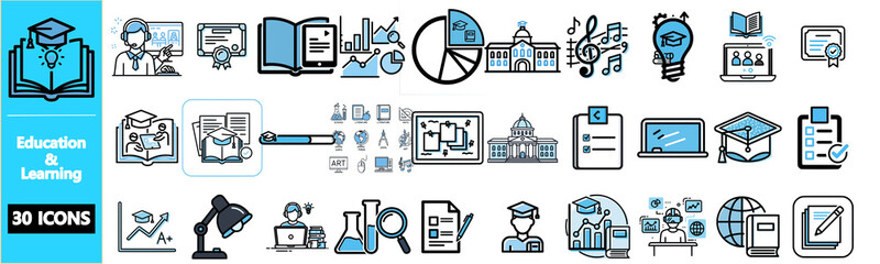 A collection of 30 modern line art icons with blue accents, representing various aspects of education and learning, including books, computers, school buildings, science, and academic achievements.