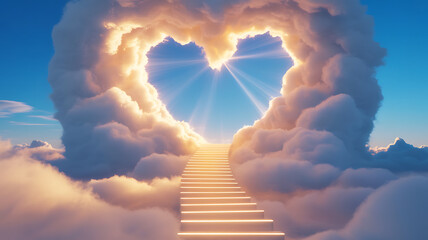 Luminous Stairway to Heaven Through Heart-Shaped Clouds with Golden Light Rays - Love, Hope, and Spiritual Ascent