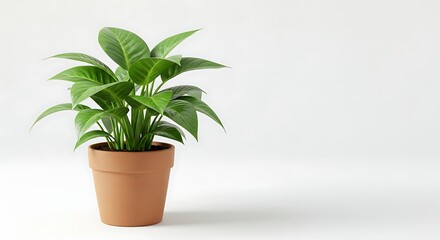 Obraz premium Lush green houseplant in a simple terracotta pot on a minimalist white background