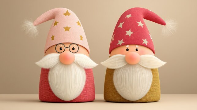 Two christmas gnomes with long beards and hats on light background