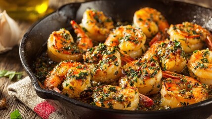 Sizzling shrimp sauteed with garlic and herbs in a cast iron pan.