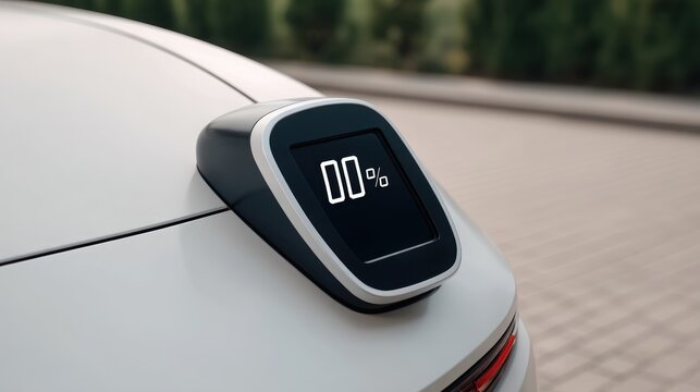Electric vehicle charging status display showing 0% battery level on the rear of a car.