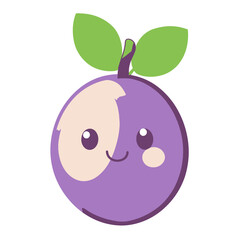 Fototapeta premium Cute Cartoon Plum Character with Green Leaves Smiling.