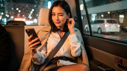 夜のタクシーの後部座席でスマホを持ち、ウインクする女性