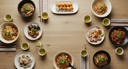 Top view of a delicious Asian food feast with sushi, noodles, and rice bowls on a wooden table