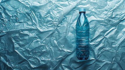 Single use plastic water bottle on a crumpled blue background.