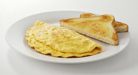 Delicious Omelette and Toast A Simple Breakfast Plate Presented on a White Background