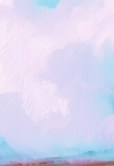 Fototapeta premium Impressionistic Cloudscape of Misty or Foggy & Puffy Clouds Over Mountains & Hills in the Distance in Lavender, Light Blue & Purple w/Paint & Canvas Texture 