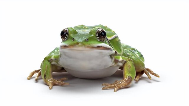 Close-up of a Green Frog on White Background.