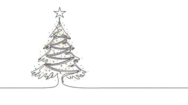 Animated One Line Drawing Of Christmas Tree With Lights On White Background