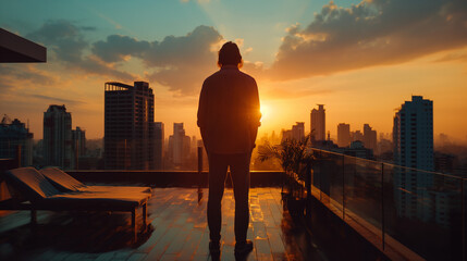 Mature professional standing on a rooftop terrace at sunset, overlooking the modern city skyline, symbolizing leadership, vision, and success. Warm golden light and cinematic mood.