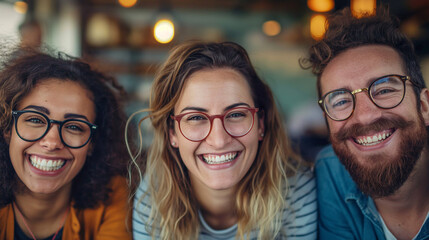Diverse group of business professionals smiling confidently in a casual office setting, teamwork and positive energy, modern business culture and authentic connection