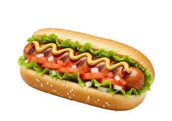 Photorealistic hot dog: grilled sausage, lettuce, tomatoes, onions, ketchup & mustard, sesame bun, isolated on white. Appetizing food advertisement