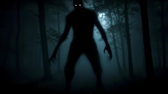 Shadowy Monster Figure in Foggy Night Forest