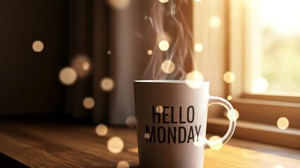 Steaming Coffee Mug on Wooden Table Near Sunlit Window
