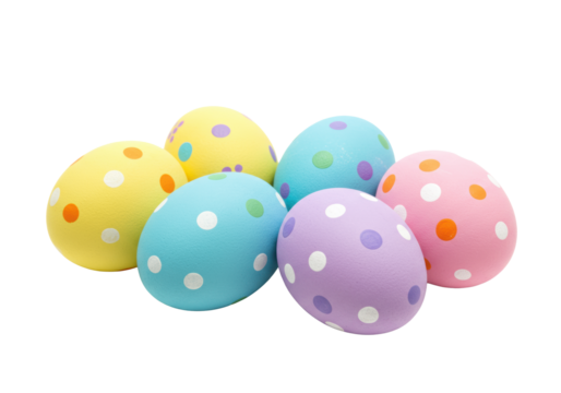 Five vibrantly colored Easter eggs, hand-painted with polka dots in pastel shades, clustered against a transparent seamless background with copy space, cheerful Easter celebration concept
