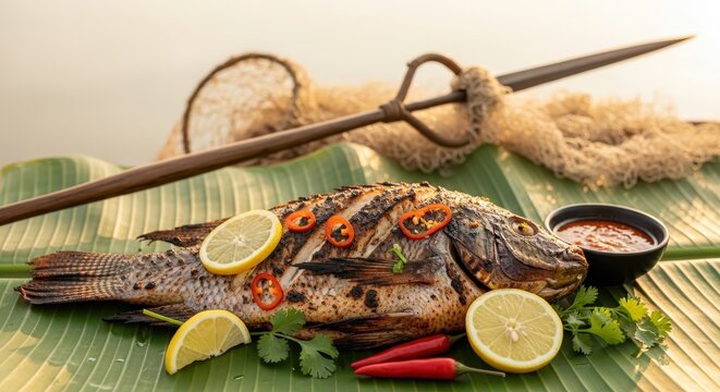 Riverfire Feast: Angolan Peixe Grelhado with Chokwe Spear & Kikongo Net in Riverbank Glow