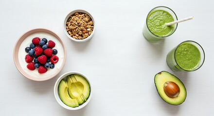 A vibrant overhead view of a healthy breakfast spread including yogurt with berries, granola, sliced avocado, and two green smoothies.