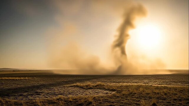 Dust devil forms on dry cracked earth under a bright sun, showing nature's powerful wind and drought effects, disaster footage.