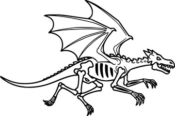 Fototapeta premium Spooky Skeleton Dragon Running with Wings Black and White Outline Line Art Drawing Vector Illustration 