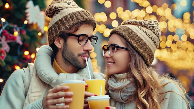 A man and a woman are smiling at the camera. The man is wearing a white jacket and the woman is wearing a brown hat. They are both holding cups of coffee