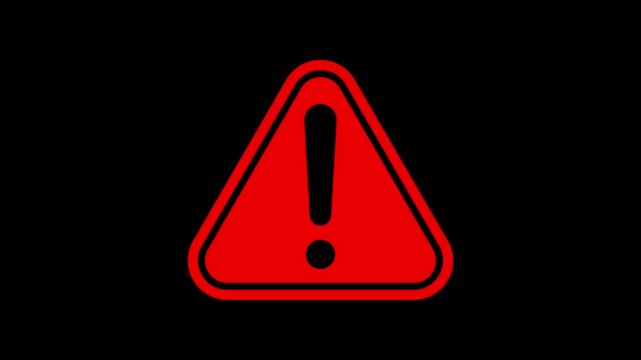 Red exclamation mark animation. Attention or warning sign in triangle. Embedded alpha channel. ProRess 4444