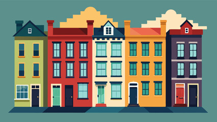 A row of rowhouses built in the early 1800s their colorful facades and ornate details showcasing the American Federal style.