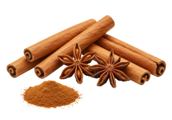 Photorealistic macro of natural brown cinnamon sticks, star anise, and ground cinnamon powder on a transparent background with copy space, concept for aromatic baking