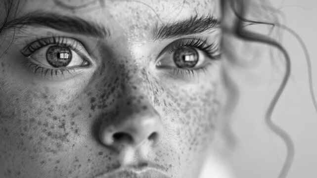Emotional close-up of a woman's face with light freckling and intense gaze.