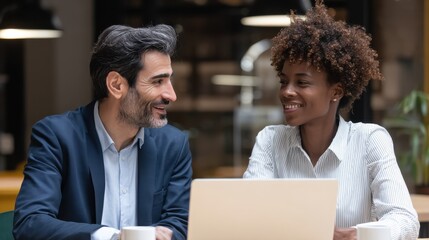 businessman indian executive manager ceo talking to female african american coworker using laptop diverse multicultural professional partners group discussing business plan at board room meeting no l