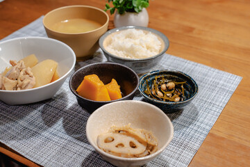 Japanese dinner with simmered dishes and miso soup
