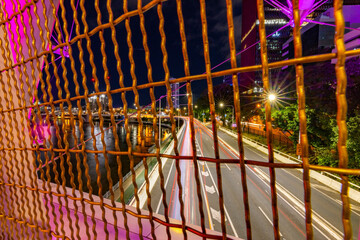 View of Brisbane, Australia from behind wires