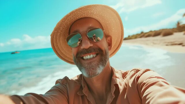 A man wearing a straw hat and sunglasses is smiling at the camera. He is standing on a beach