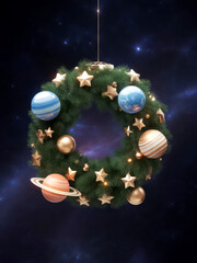 Fototapeta premium Christmas Wreath with Planets and Stars Galactic Holiday Decor
