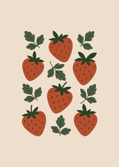 Illustration of strawberries and leaves. red, beige, and green. fruit art, decoration, cooking, kitchen, background, flat design