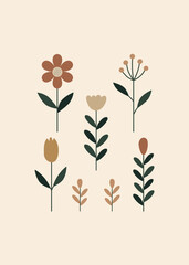 minimalist and modern floral art, organic and scandinavian. neutral colors pink, yellow, terracotta, green, beige. plants, leaves, garden, decor
